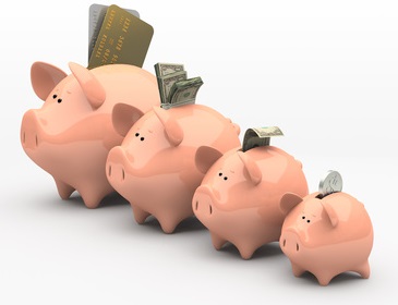 Four pink piggy banks showing profits and gains on white background